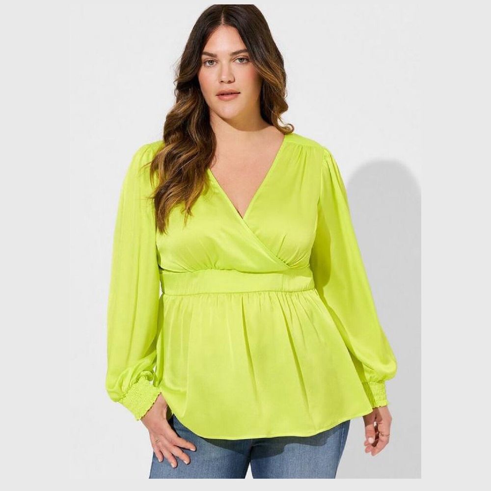 Torrid Satin Surplice Tie Cut Out Back Long Sleeve‎ Blouse 4XL Chartreuse Yellow